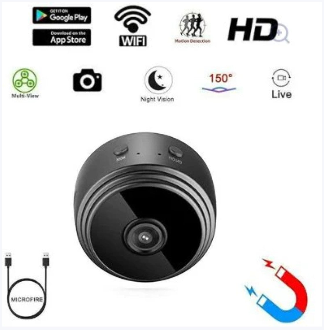 JHATPAT A9 Mini Wireless Security Camera with 1080P HD, 150° wide-angle lens, night vision, motion detection, and magnetic base.