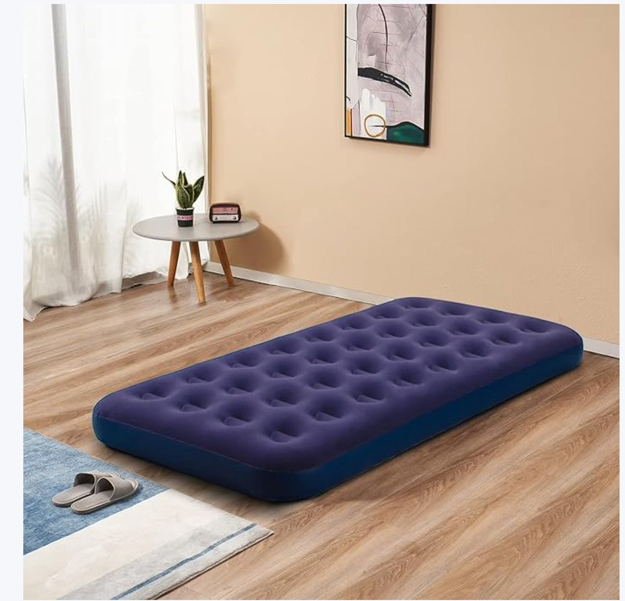 JHATPAT navy blue flocked air bed, ideal for camping, beach, or indoor use. Comfortable and inflatable.