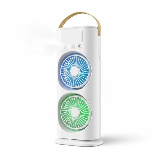 JHATPAT white double-ended spray fan with blue and green illuminated fans, portable personal cooling device
