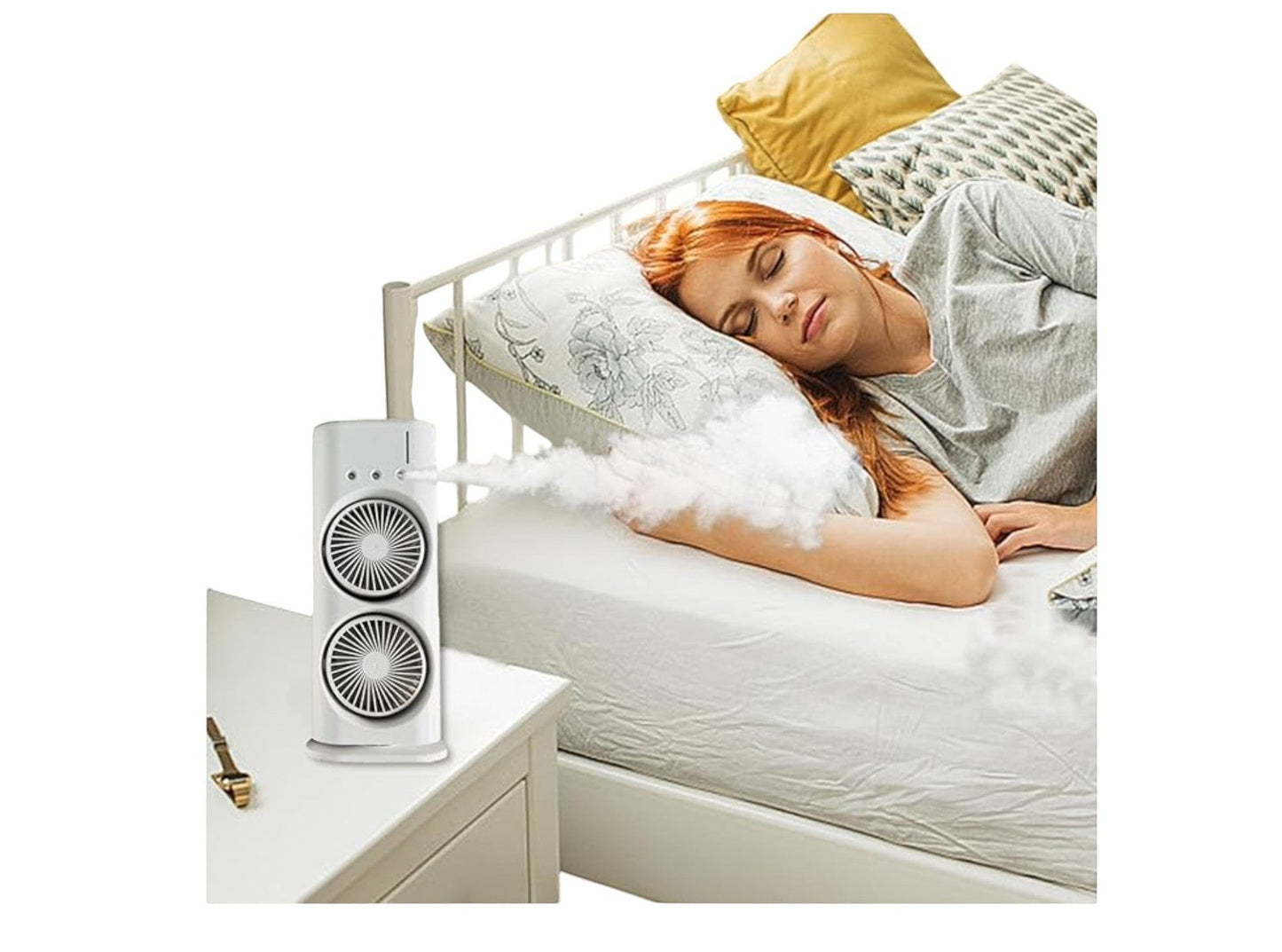 JHATPAT white double ended spray fan with two fans, misting air for personal cooling next to a sleeping woman.