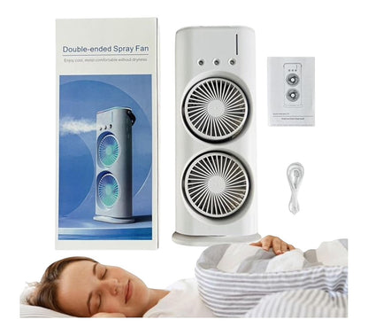 JHATPAT white double-ended spray fan with two fans and misting function, shown with packaging and instruction manual.
