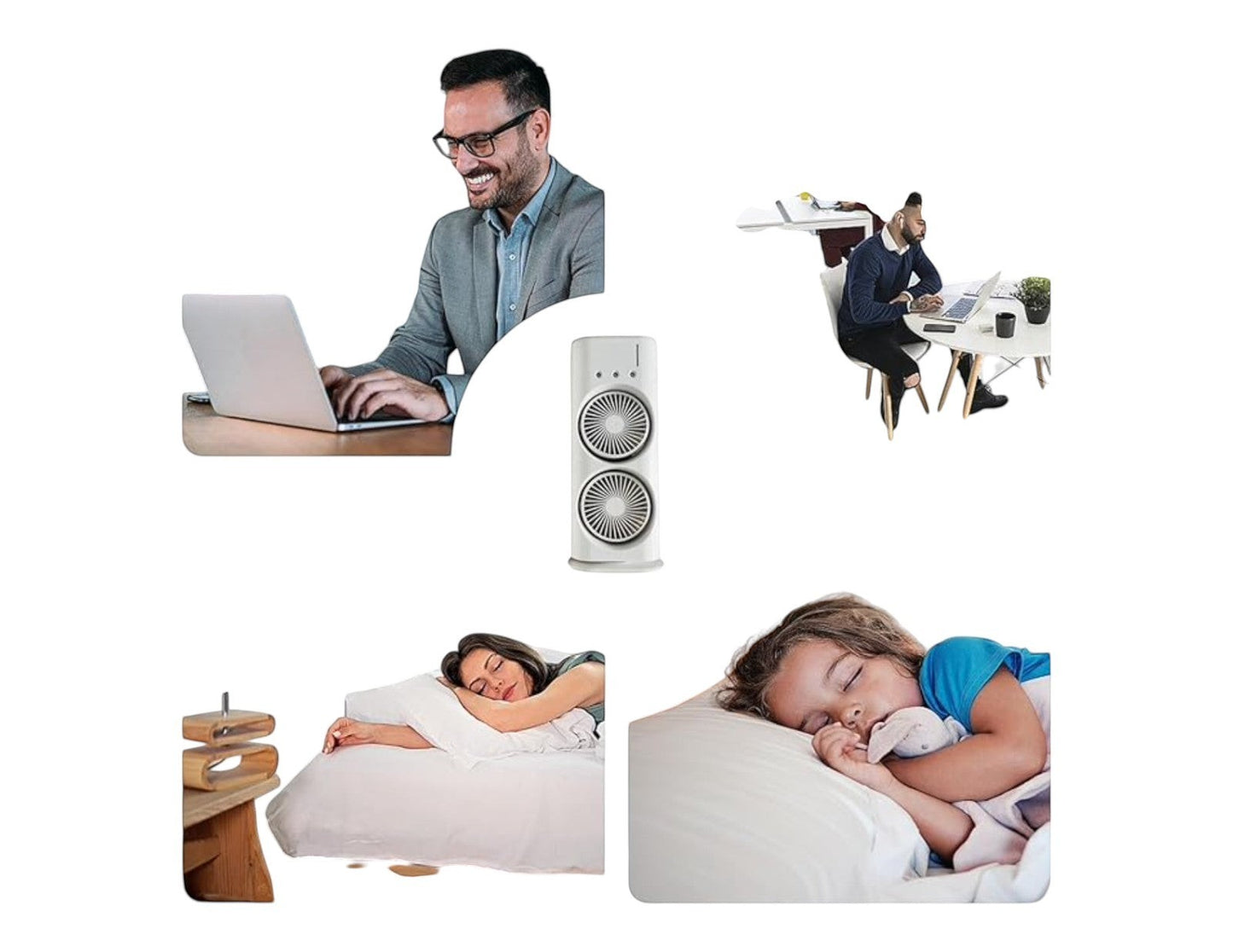 JHATPAT Double Ended Spray Fan for personal cooling, white, dual-fan design, misting function, ideal for desks and bedside tables.