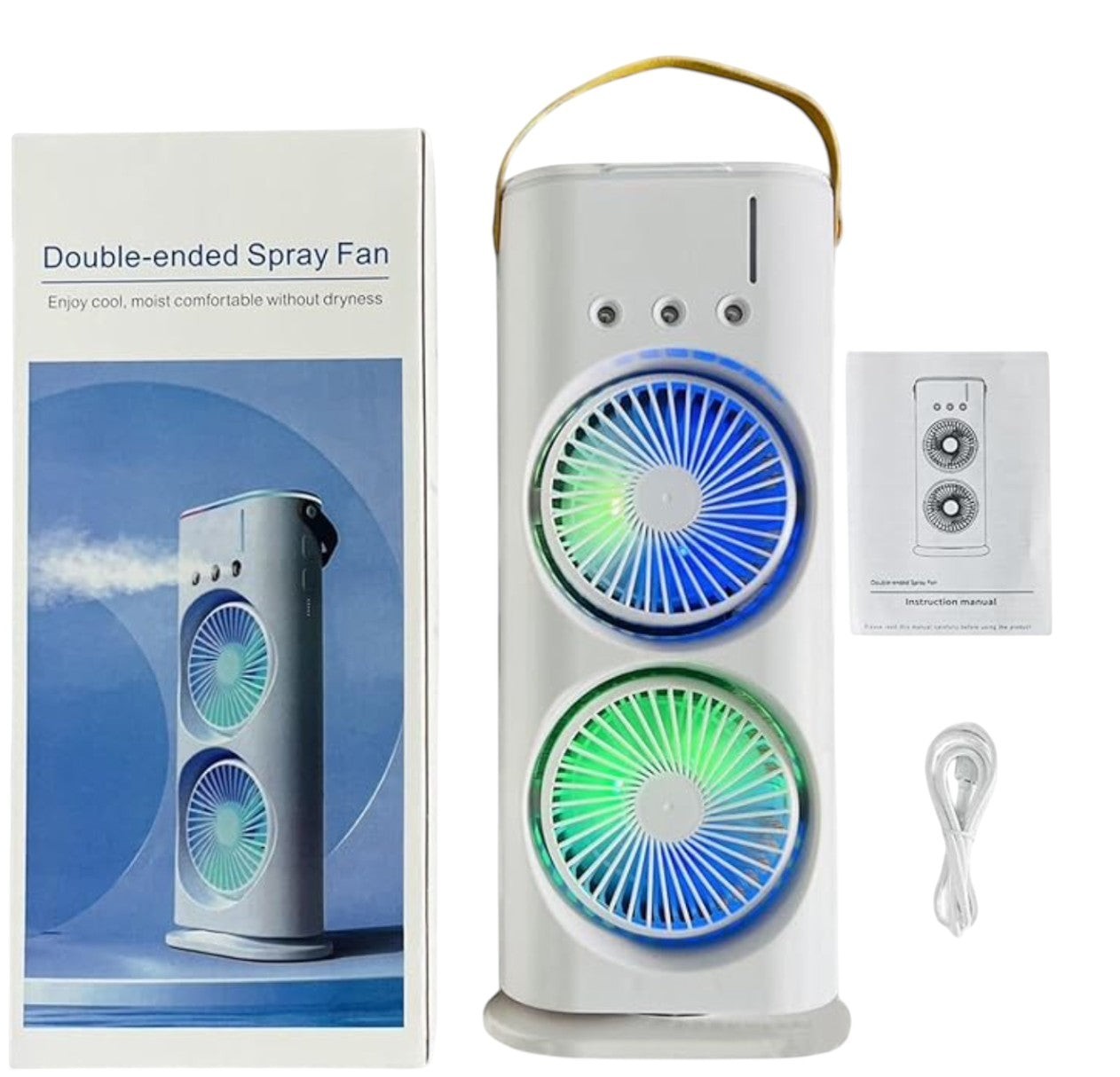 JHATPAT white double-ended spray fan with dual blue and green LED lights, USB charging cable and instruction manual.