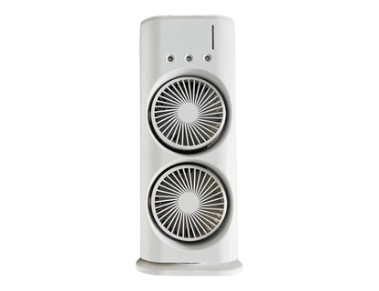JHATPAT white double ended spray fan with two circular grilles and misting function for personal cooling.
