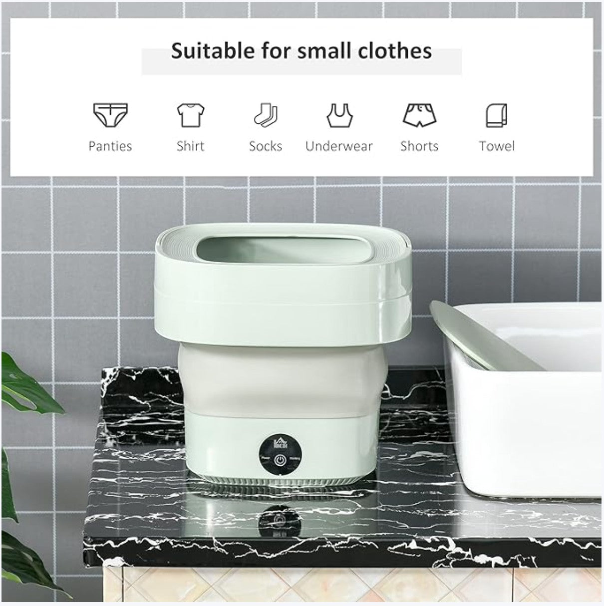 JHATPAT foldable mini laundry machine, compact, collapsible washer for small clothes like socks and underwear, light mint green.