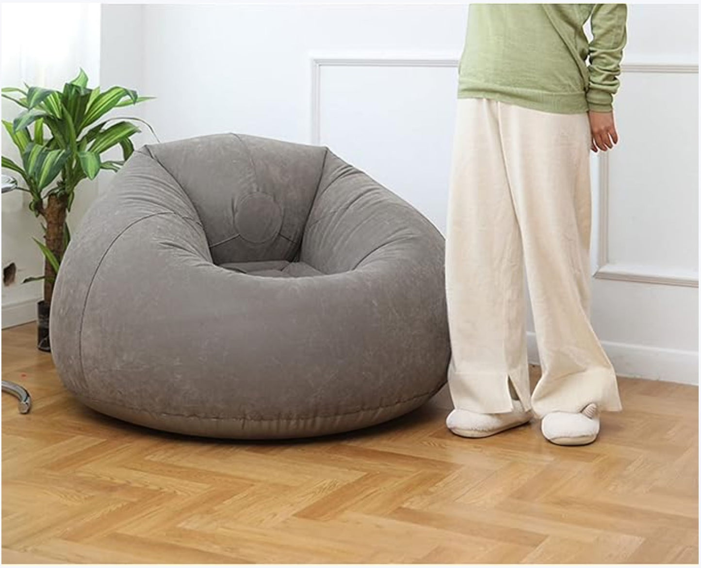 JHATPAT grey plush bean bag chair, cozy and comfortable for reading, gaming, or lounging.