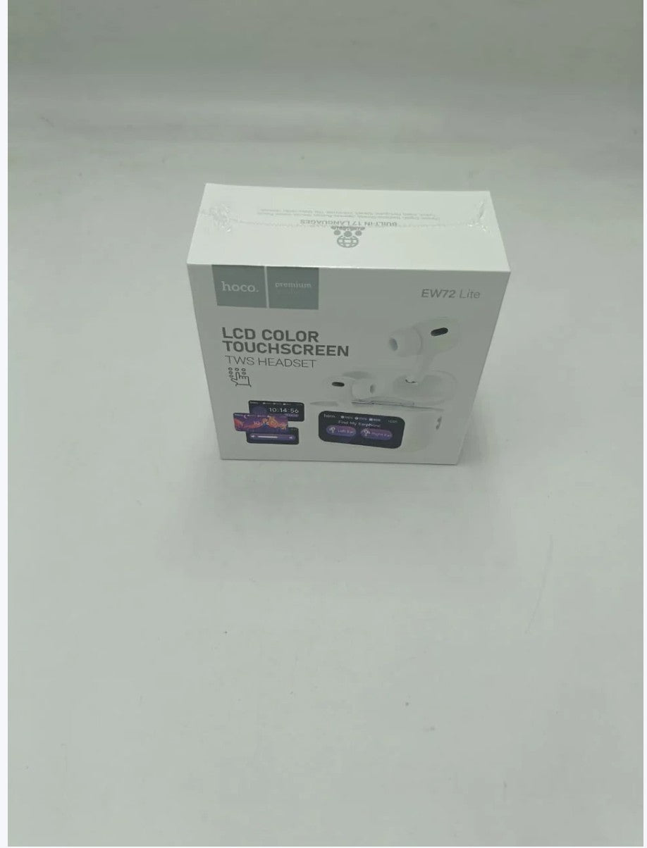 JHATPAT Hoco EW72 Lite white wireless Bluetooth earbuds with LCD color touchscreen and charging case.