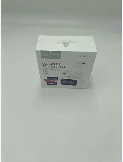 JHATPAT Hoco EW72 Lite white wireless Bluetooth earbuds with LCD color touchscreen and charging case.