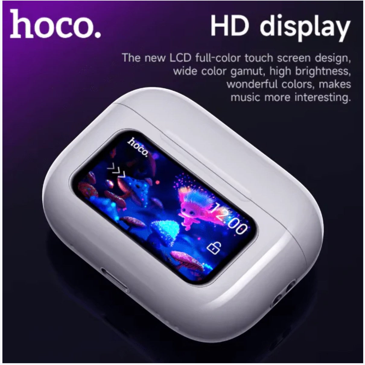 JHATPAT Hoco EW72 white wireless earbuds case with full-color LCD touch screen displaying animated jellyfish and time.