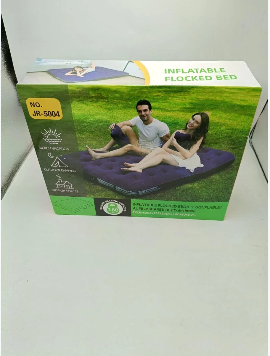 JHATPAT inflatable flocked air bed, purple, with flocked surface, ideal for camping, beach, or indoor use. Supports 160kg.