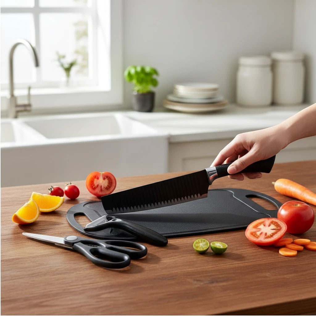 JHATPAT Professional Kitchen Knife Set with black handles, stainless steel blades, peeler, and scissors on a wooden counter with fresh produce.