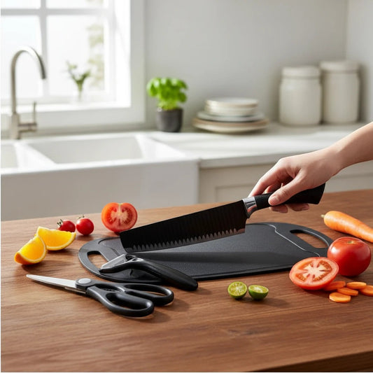 JHATPAT Professional Kitchen Knife Set with black handles, stainless steel blades, peeler, and scissors on a wooden counter with fresh produce.