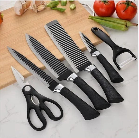 JHATPAT Professional Kitchen Knife Set with serrated stainless steel blades, black non-slip handles, peeler, and scissors.