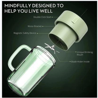 JHATPAT portable personal smoothie blender in pastel green with handle and 6-blade system.