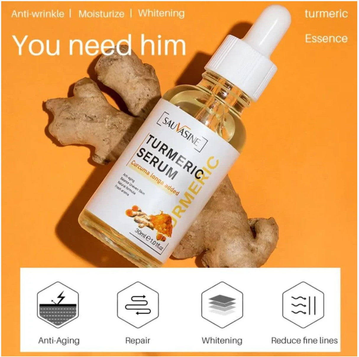 JHATPAT Turmeric Serum with Curcuma Longa extract for brightening, anti-blemish, and anti-aging. 30ml bottle.