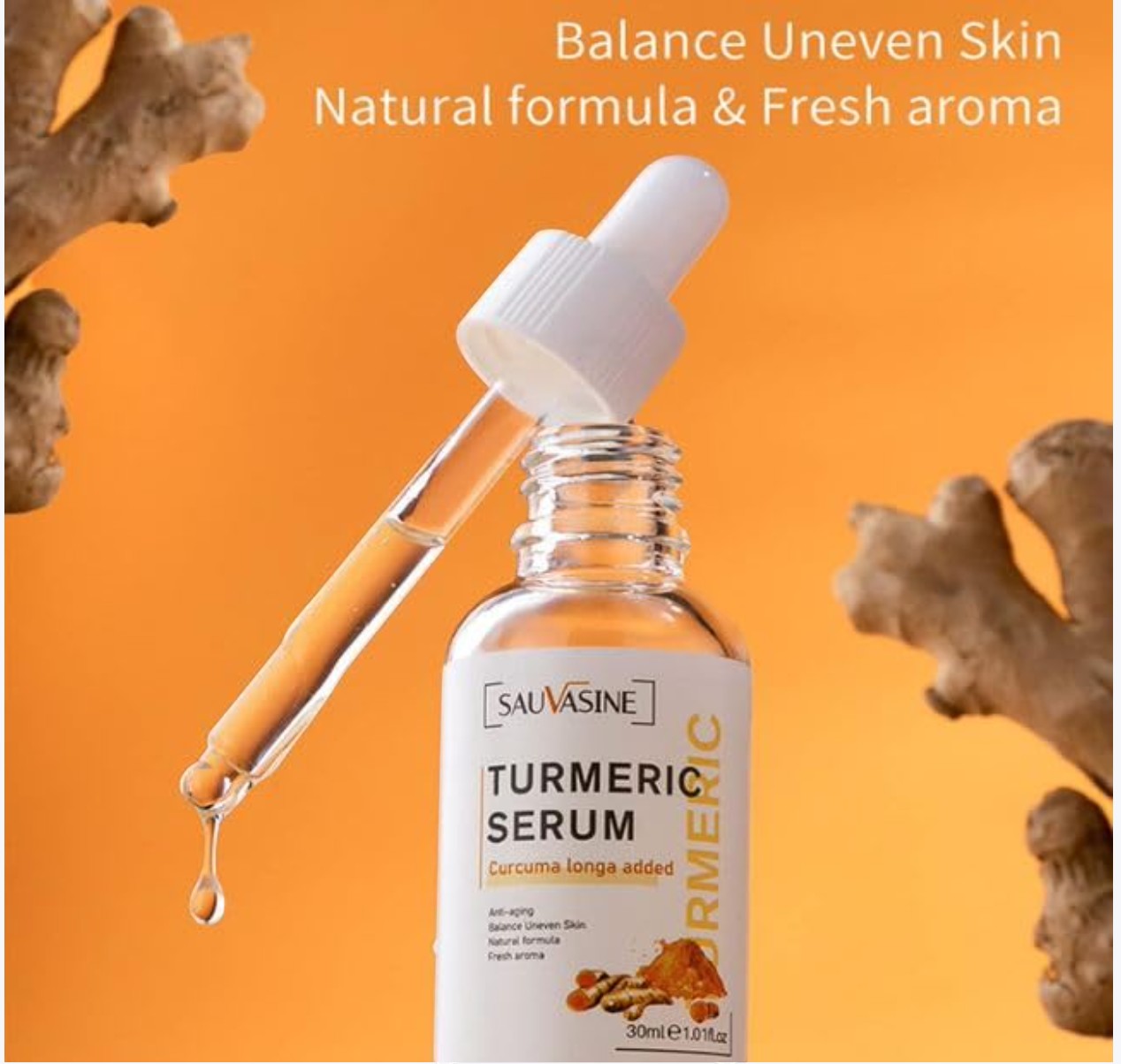 JHATPAT Beauty Lights Turmeric Serum for brightening and anti-blemish skin repair. Clear serum in dropper bottle with turmeric root.